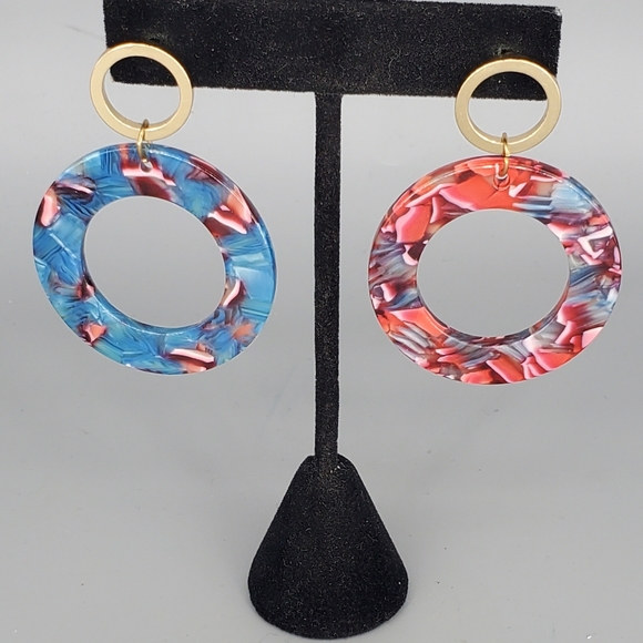 Turquoise and Red Plastic Circle Earrings and Turquoise Handmade Ring Set - Picture 2 of 9
